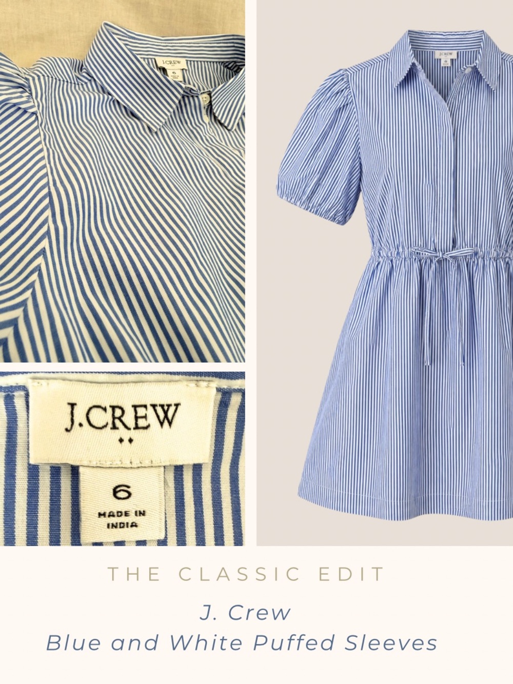 J.Crew | Blue White Striped Puff Sleeve Dress | Shirt Dress | Pockets | Size 6